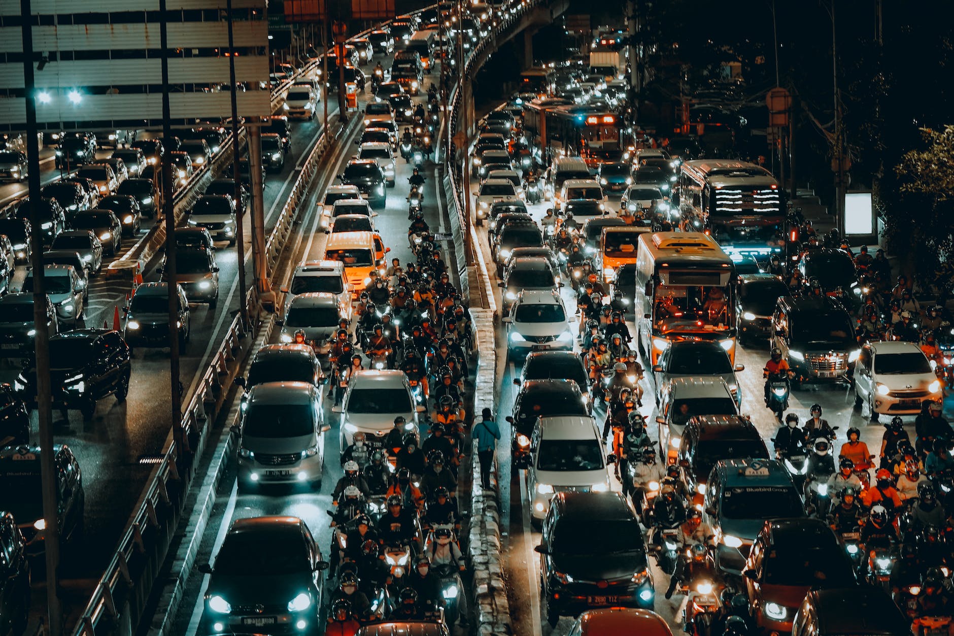 traffic jam on a multi lane highway at night