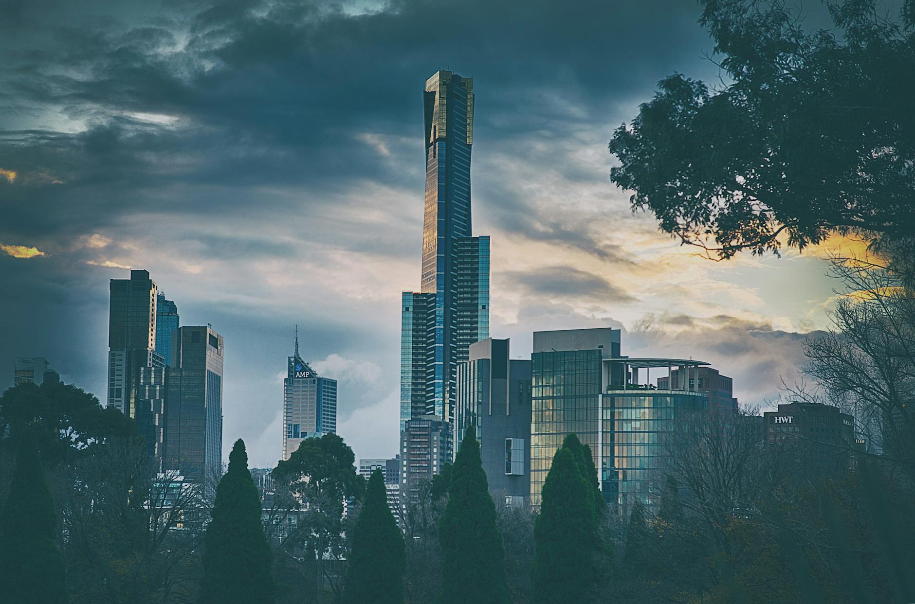 silhouette of trees near building under gray sky